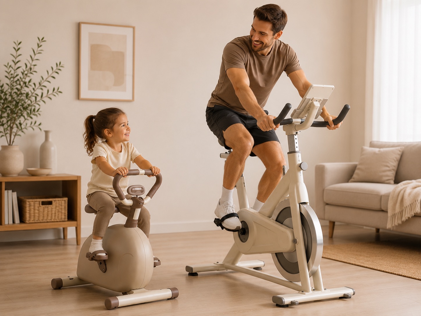 Father and daughter riding bikes together at home