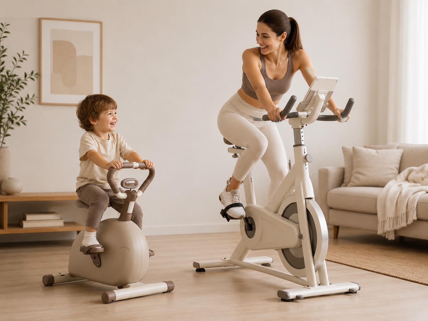 Mother and son riding bikes together at home